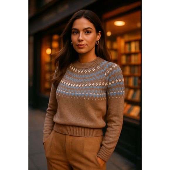 Alfred Dunner Sweaters - Alfred Dunner Fair Isle Sweater Camel Cozy Winter Knit Old Money Quiet Luxury M